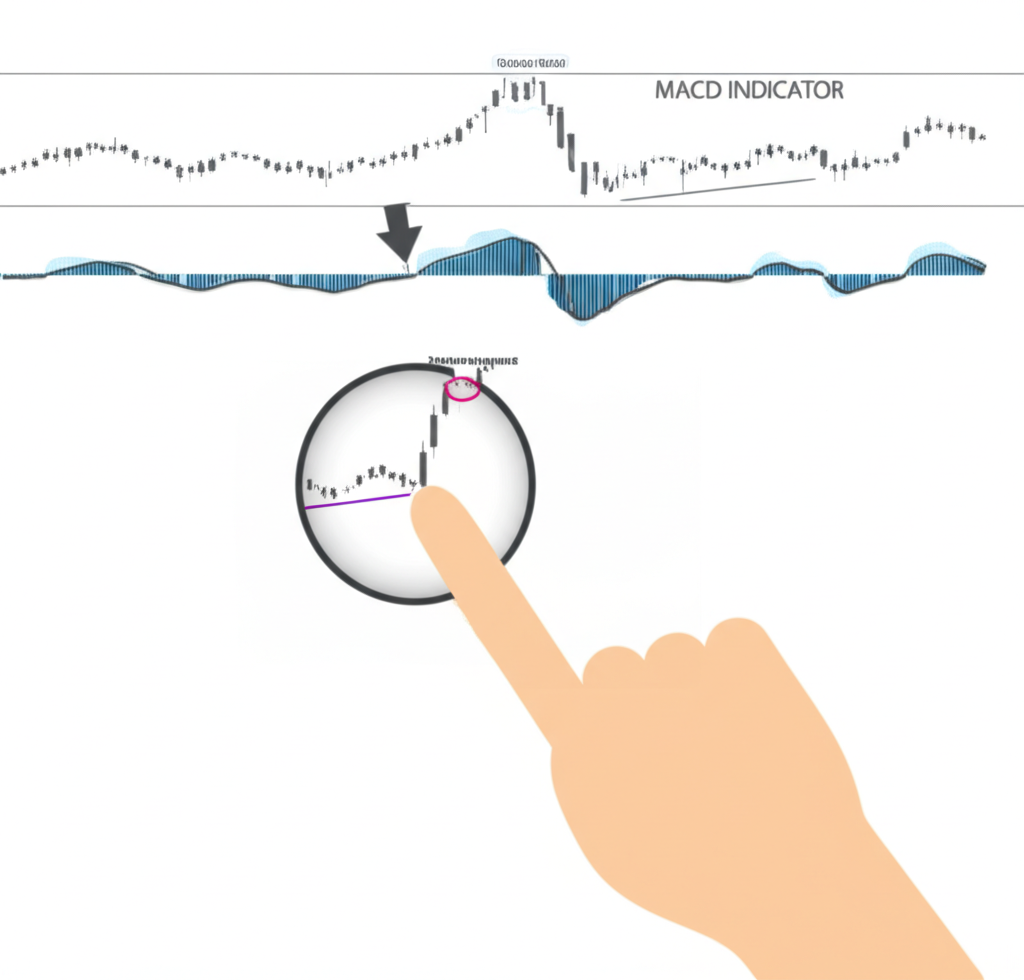 金融圖表顯示MACD背離指標的插圖，放大鏡突出轉折點，手指指向圖表象徵市場分析與投資決策