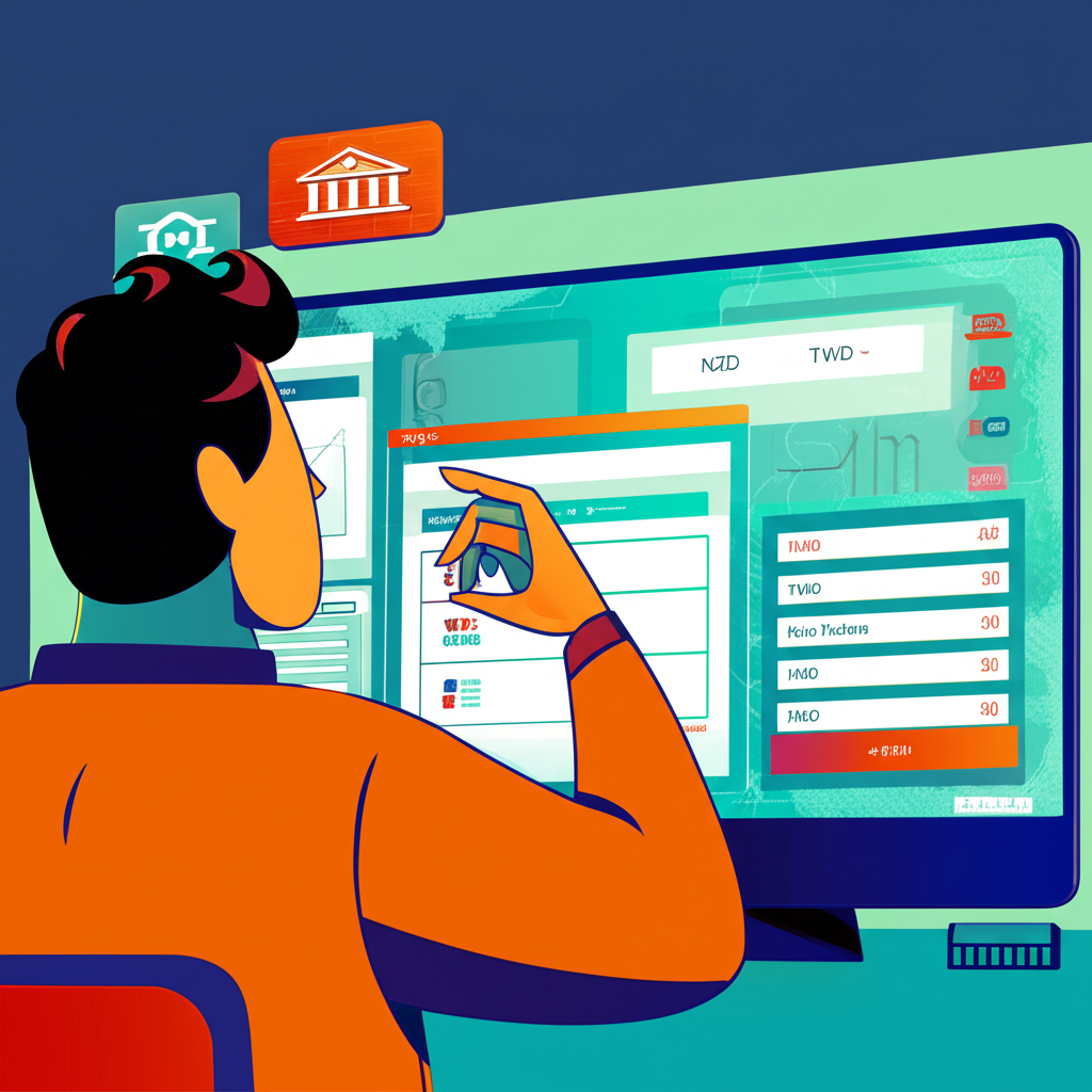 人士查看 NZD TWD HKD 匯率圖表與銀行查詢介面插圖
