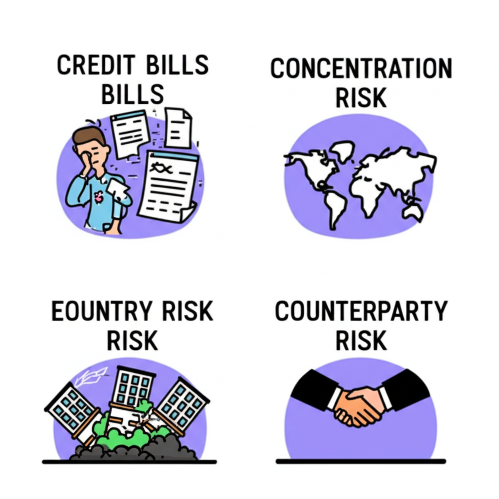 An illustration showing various types of credit risk a person failing to pay bills a cluster of buildings collapsing for concentration risk a world map with economic turmoil for country risk two hands failing to meet in a transaction for counterparty risk