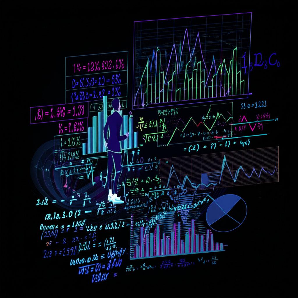 量化金融跨學科性質插圖,展示數學公式、統計圖表、電腦程式與金融圖形環繞人物,象徵數據驅動決策