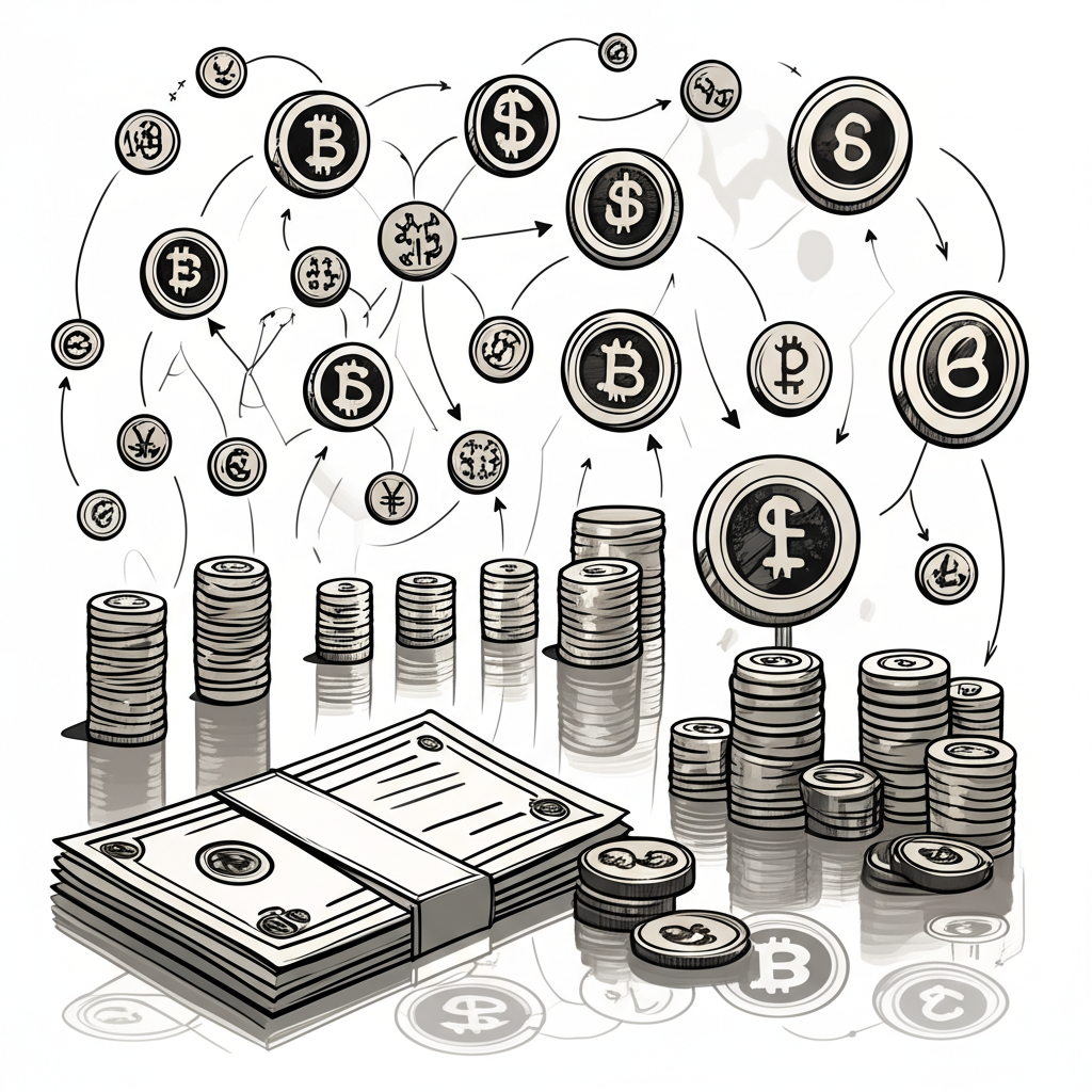 金融系統基礎的抽象圖示,顯示各種資產如股票債券外匯和加密貨幣,反映現貨市場的供需關係