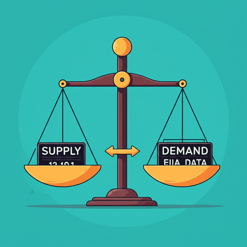 平衡秤代表原油供需，箭頭指向EIA數據反映市場平衡或失衡