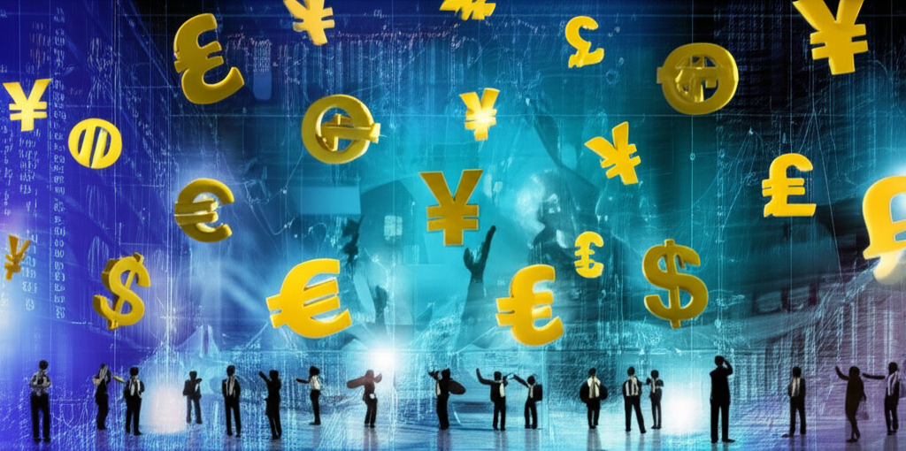 全球貨幣兌換市場插圖,展示各種貨幣符號環繞與人們進行金融決策的場景,融合傳統與數位元素呈現國際金融動態