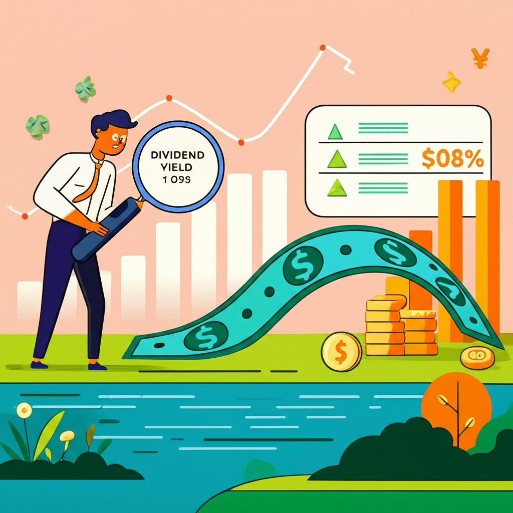 投資人透過放大鏡檢視股票圖表中的殖利率數字，象徵穩定收入的現金河流在充滿活力的金融景觀中