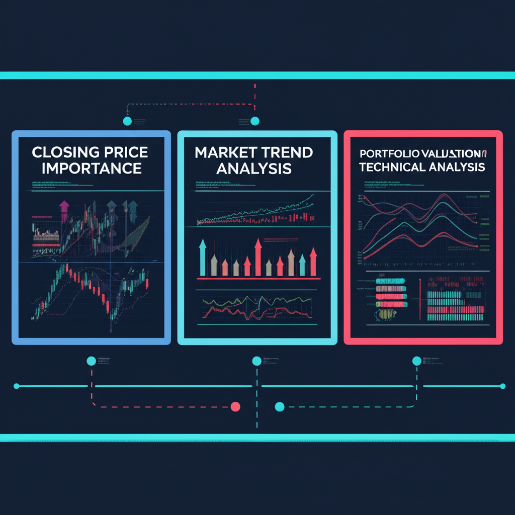 收盤價重要性三大面向插圖:市場趨勢分析、投資組合估值與技術分析的互聯元素