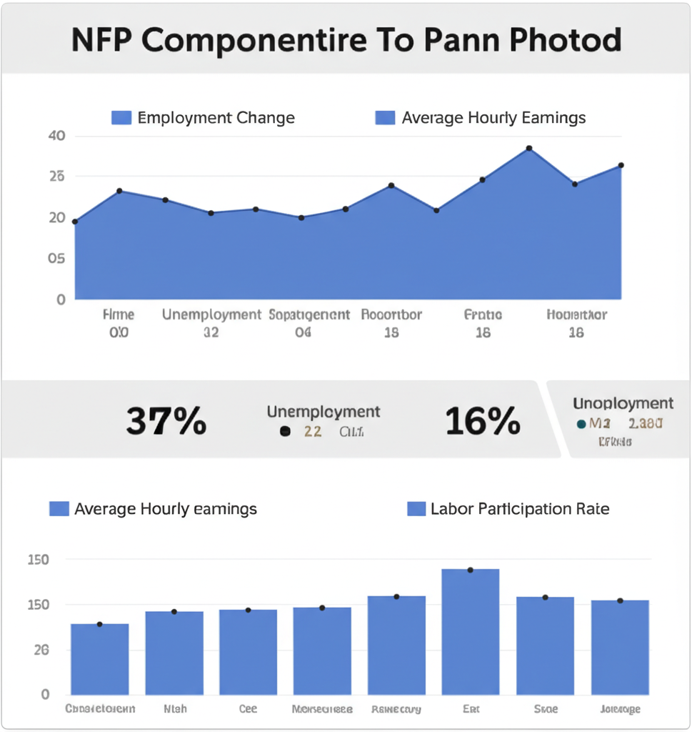 顯示NFP關鍵組成如就業變化、失業率、平均時薪和勞動參與率的數據儀表板插圖，包含清晰圖表