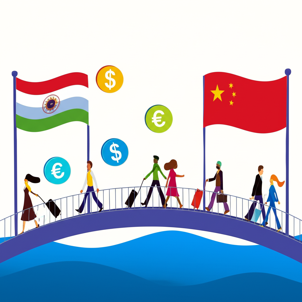 貨幣價值轉換的圖示,天平平衡美元和歐元符號,箭頭顯示國家間的價值流通