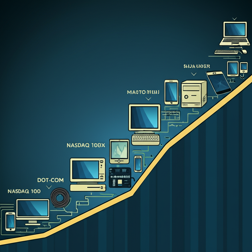 NASDAQ 100指數時間軸,標註網路泡沫與數位轉型等關鍵事件,伴隨演進中的科技設備與上升圖表