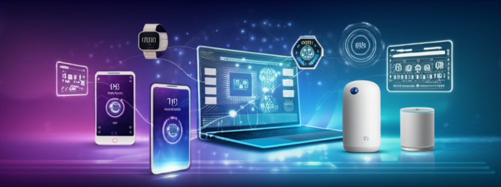 智慧手機、筆記型電腦、智慧手錶與智慧家電等日常電子裝置的插圖,由隱形微晶片驅動的未來活力場景