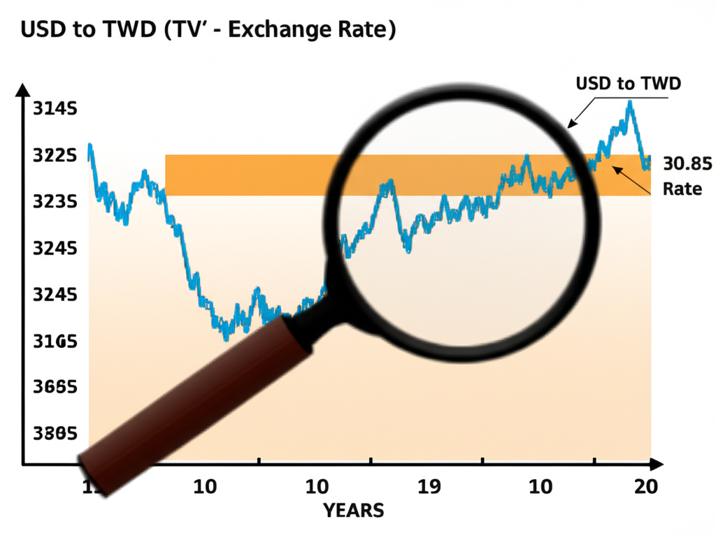 財務圖表插圖,波浪線顯示美元兌台幣十年匯率波動,強調平均值30.85至31.25元,放大鏡檢視數據