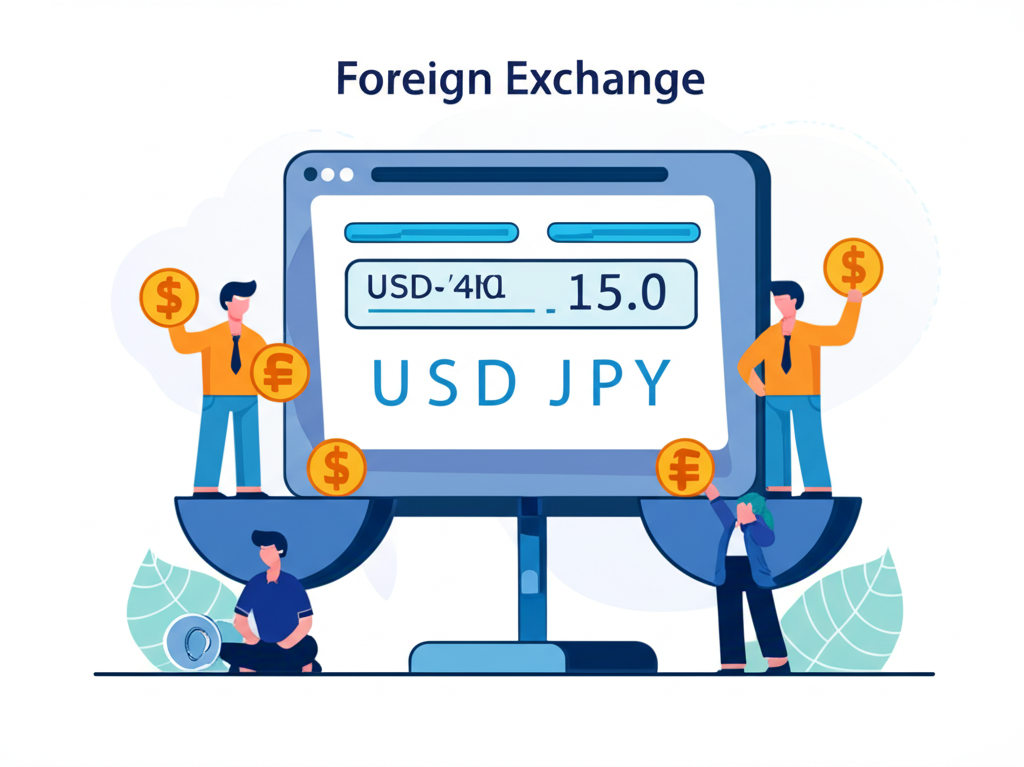 數位外匯市場介面顯示USD/JPY匯率為150,抽象人物代表買賣方,天平象徵貨幣價值交換