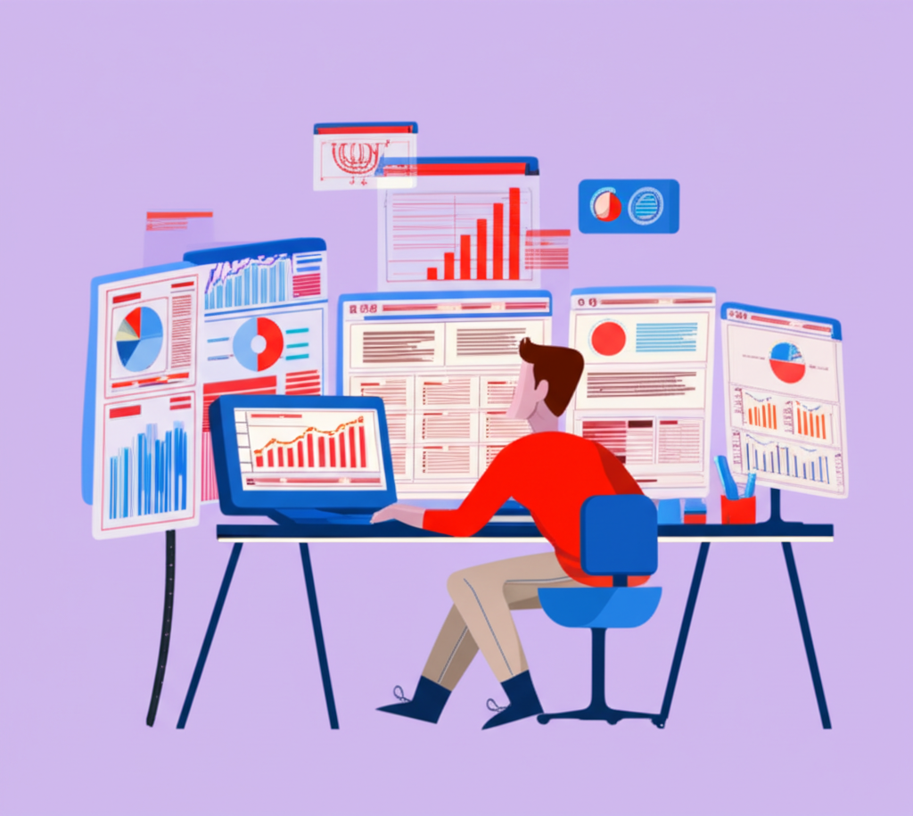 投資人透過多個螢幕分析數據圖表與新聞，為股市開盤做準備，展現系統化的決策過程