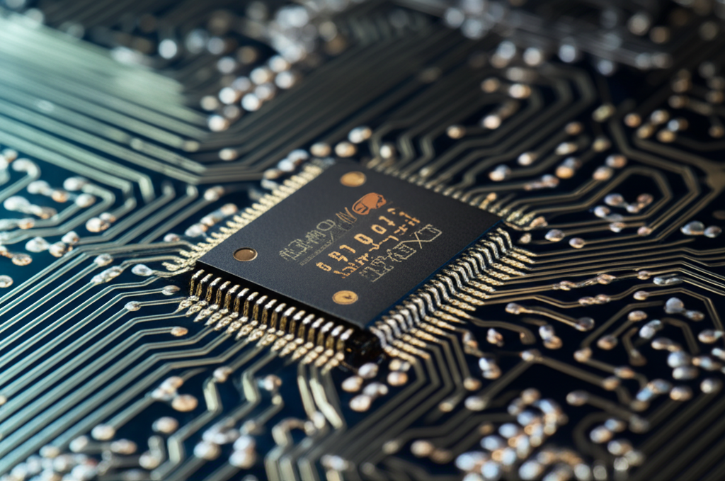 微型晶片整合數十億電晶體、電阻和電容於矽晶圓上的插圖,象徵集成電路與現代電子核心概念