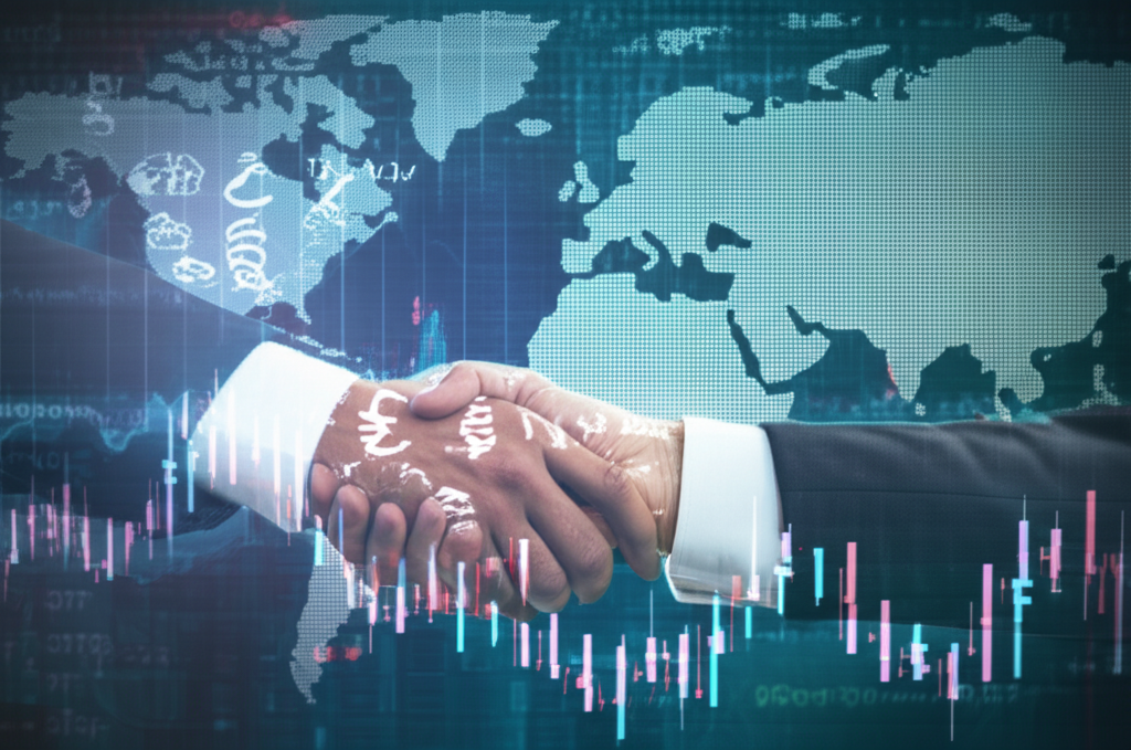 全球貨幣交易插圖，展示繁忙金融市場與數位介面及世界地圖背景，象徵外匯市場的龐大規模