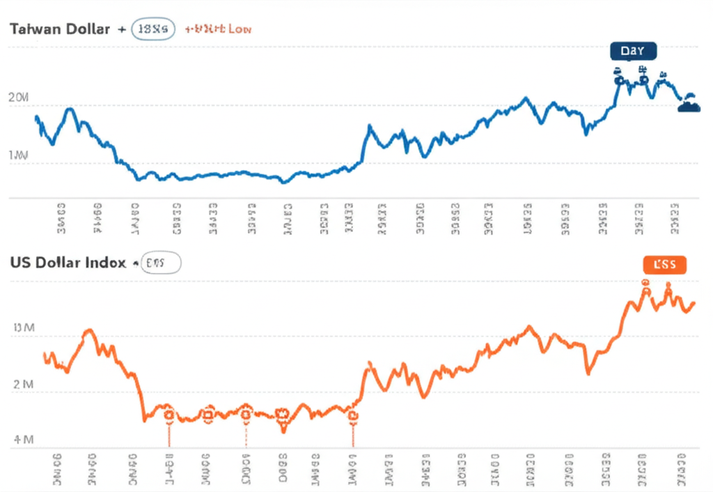 台幣兌美元與美元指數歷史圖表，標註關鍵經濟事件時間線