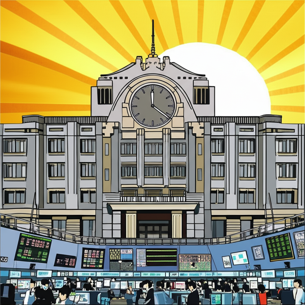 東京證券交易所建築與顯示交易時間的數位時鐘，前景為繁忙股市交易廳，背景為旭日東升