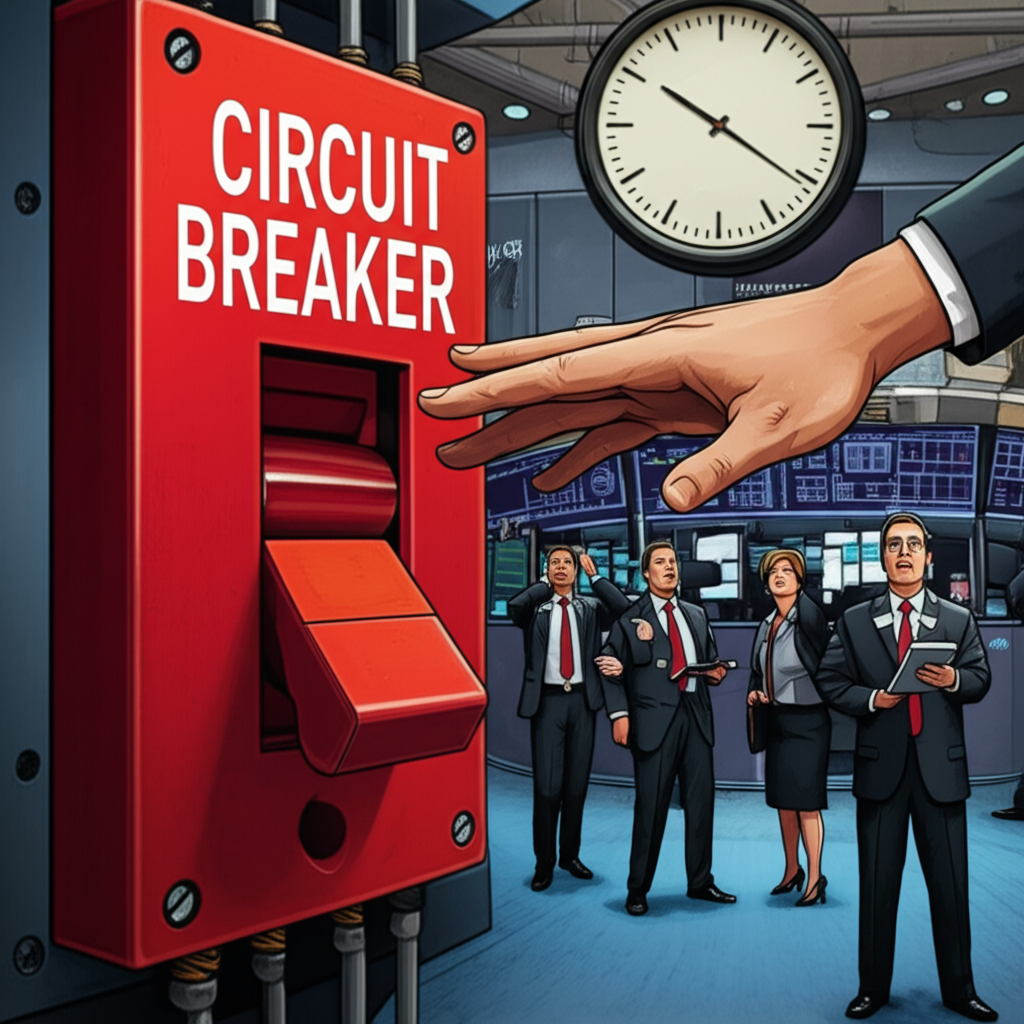 熔斷機制圖示：交易所內巨大紅色開關標示Circuit Breaker，交易員驚慌注視即將拉下的手與時鐘