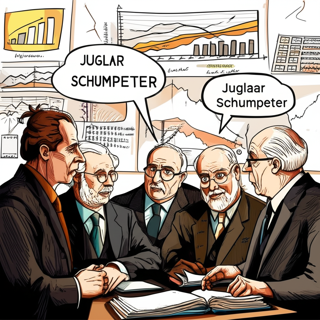 歷史經濟學家如朱格拉、熊彼特和凱恩斯討論經濟理論與商業危機