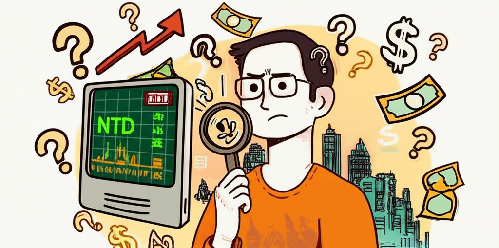 台灣股市投資者困惑檢視槓桿型ETF圖表，放大鏡下雙倍上漲箭頭，周圍有問號與金錢符號