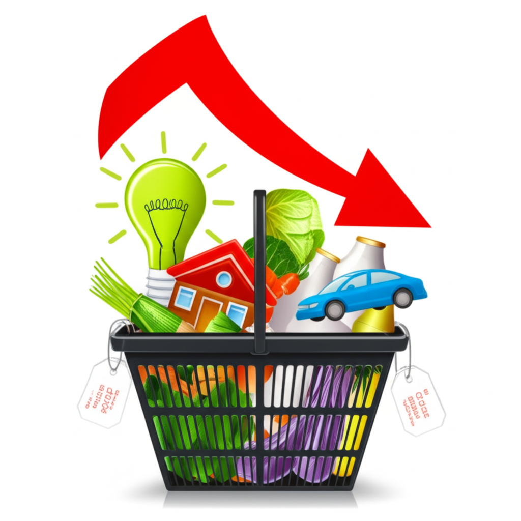 購物籃內各種商品如食物、能源、住房和交通,價格標籤向上箭頭顯示通脹