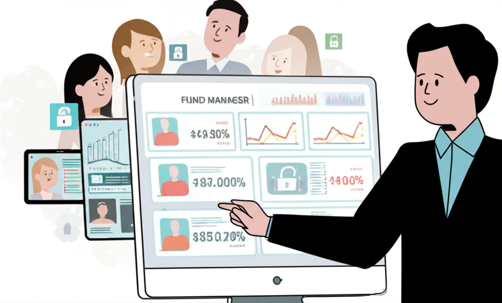 資金經理人操作單一介面,投資人查看獨立帳戶與透明績效報告的插圖,展現金融環境中的安全管理