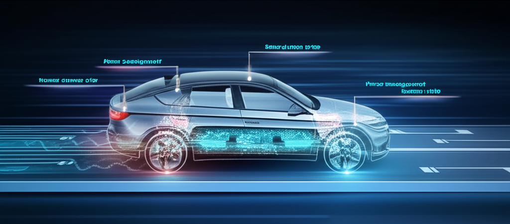 電動車在智慧道路上自動行駛的插圖,強調內部電源管理、AI晶片與感測晶片協作實現先進汽車功能