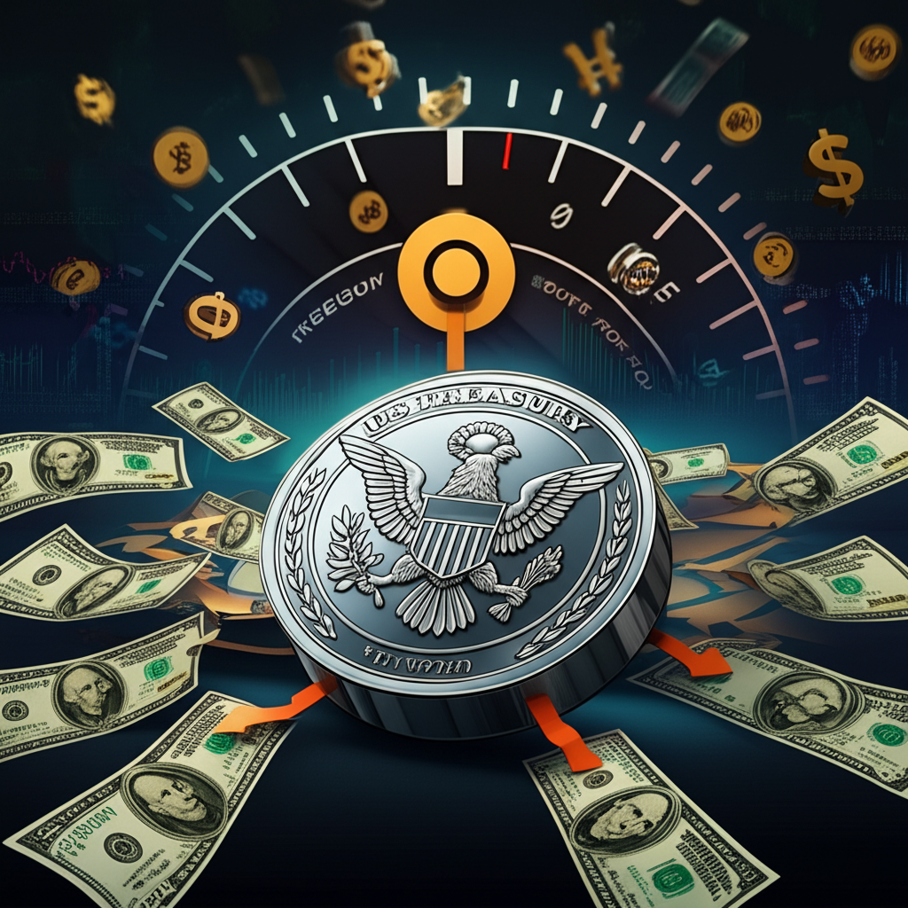 美債作為金融風暴中避險資產的插圖，資金湧入象徵安全，中央錶盤顯示10年期收益率影響全球金融