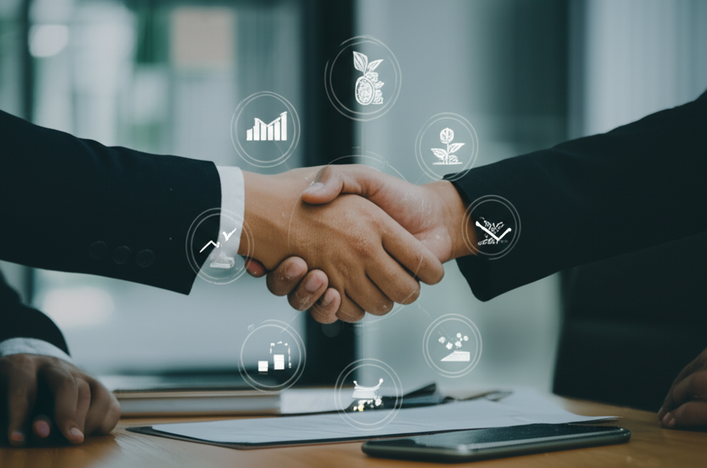 投資者與公司代表握手簽訂對賭協議，象徵風險管理與投資回報的平衡
