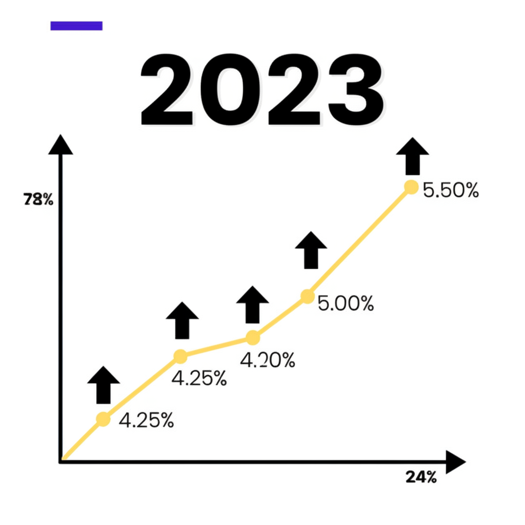 2023 FOMC meeting calendar with highlighted interest rate hike dates and federal funds rate graph