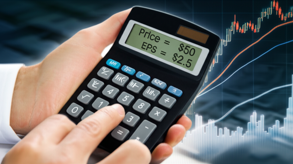 人士手持計算機，背景顯示股價與每股盈餘計算的股票圖表，清晰的概念插圖