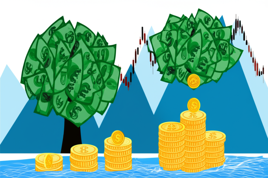 An illustration of a stable investment portfolio with various assets including bonds balancing stock market volatility a money tree with coins dropping representing stable income and a flowing river for liquidity illustration style