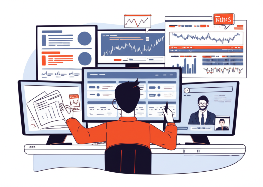 外匯分析師在桌前多工處理多個顯示股票圖表、經濟指標和新聞饋送的螢幕，分析數據、撰寫報告，並透過視訊與客戶諮詢，強調專注與分析技能