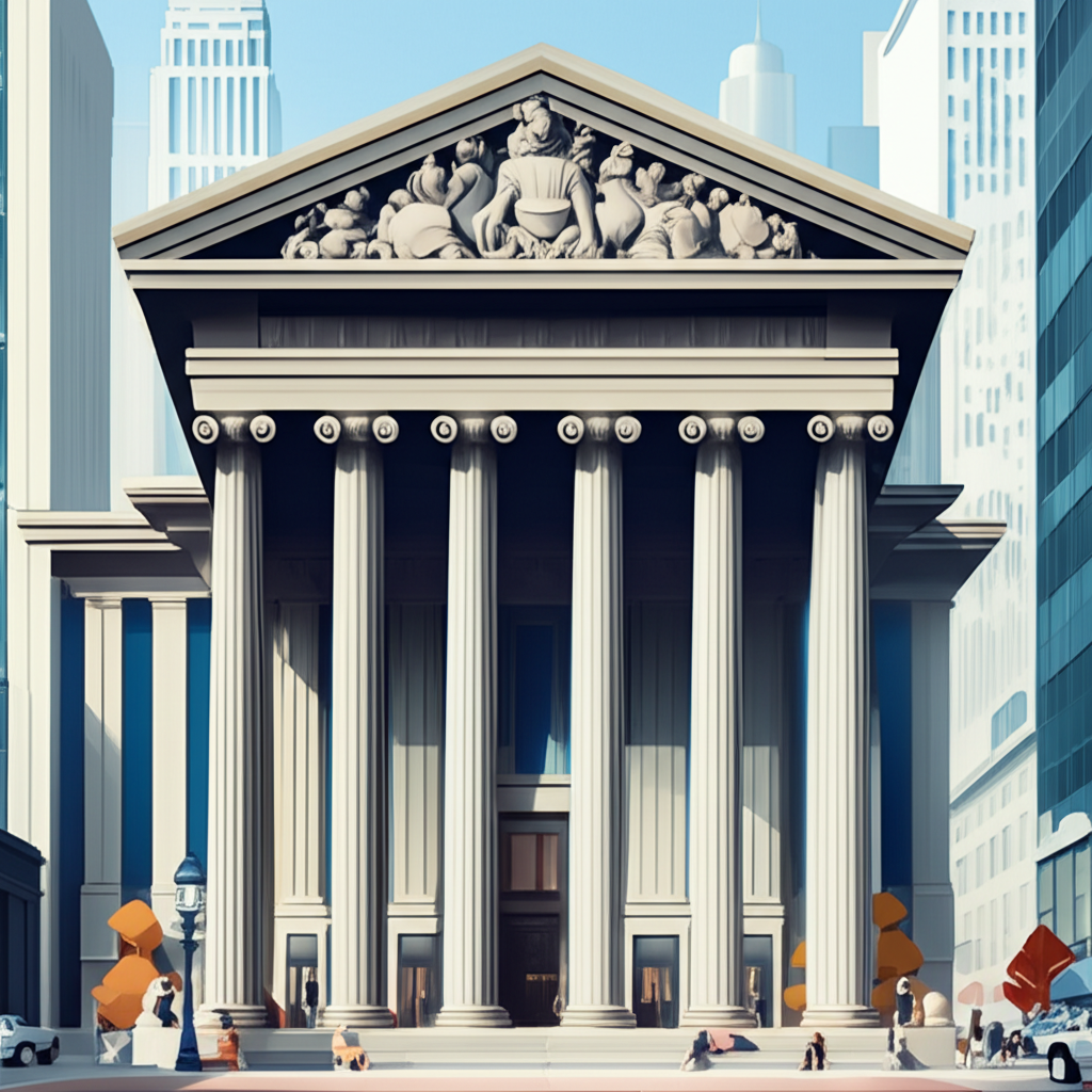 An illustration of a grand historic bank building with a modern cityscape in the background symbolizing BMOs long history and global reach offering diverse financial services to individuals businesses and institutions
