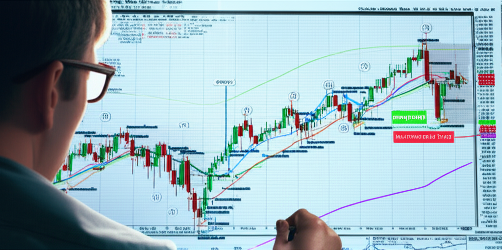 投資者研究道瓊指數趨勢圖，包含即時數據、歷史走勢與技術分析元素