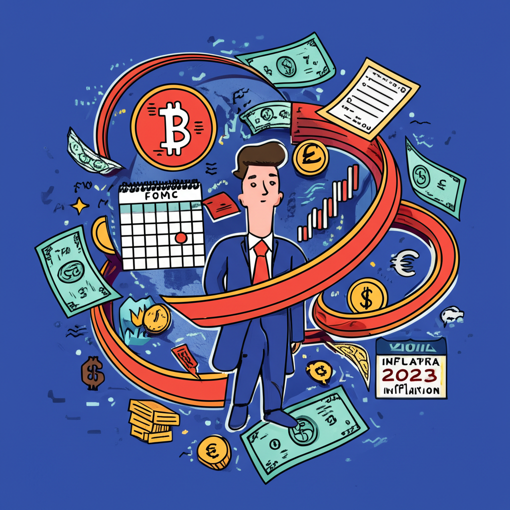 全球金融市場圖示，中央為 FOMC 代表，環繞貨幣、股票、債券與 2023 年通膨經濟指標