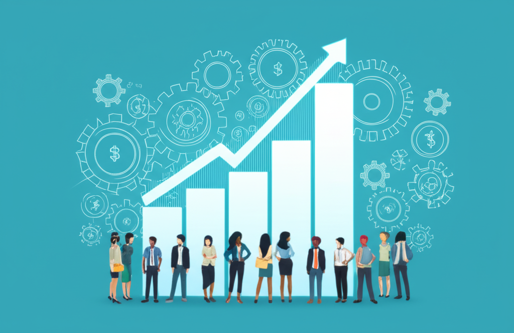 多元企業家觀察商業世界利潤圖表的插圖，背景有齒輪和成長符號