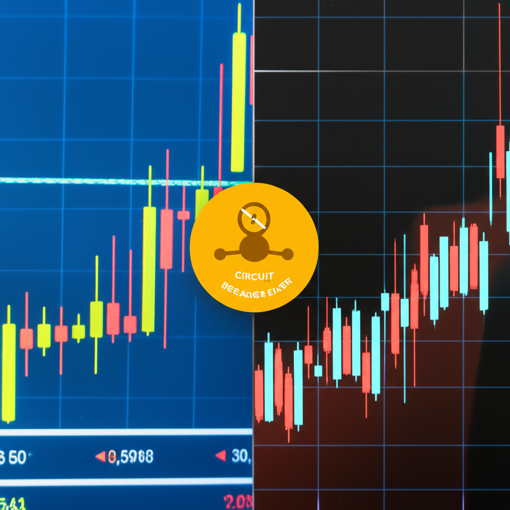 金融系統比較圖：分屏顯示美股熔斷圖示的平穩市場與台股嚴格漲跌限的市場，展現哲學差異