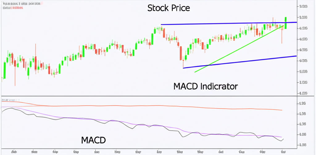 股票價格上漲但MACD指標下降的頂背離插圖，清楚顯示價格與動能的不一致
