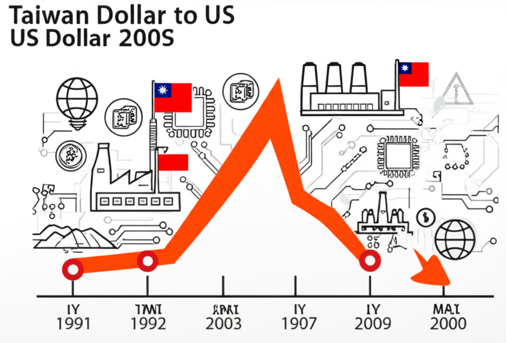 台幣兌美元歷史低點圖表，標註1992年與2000年代經濟成長符號