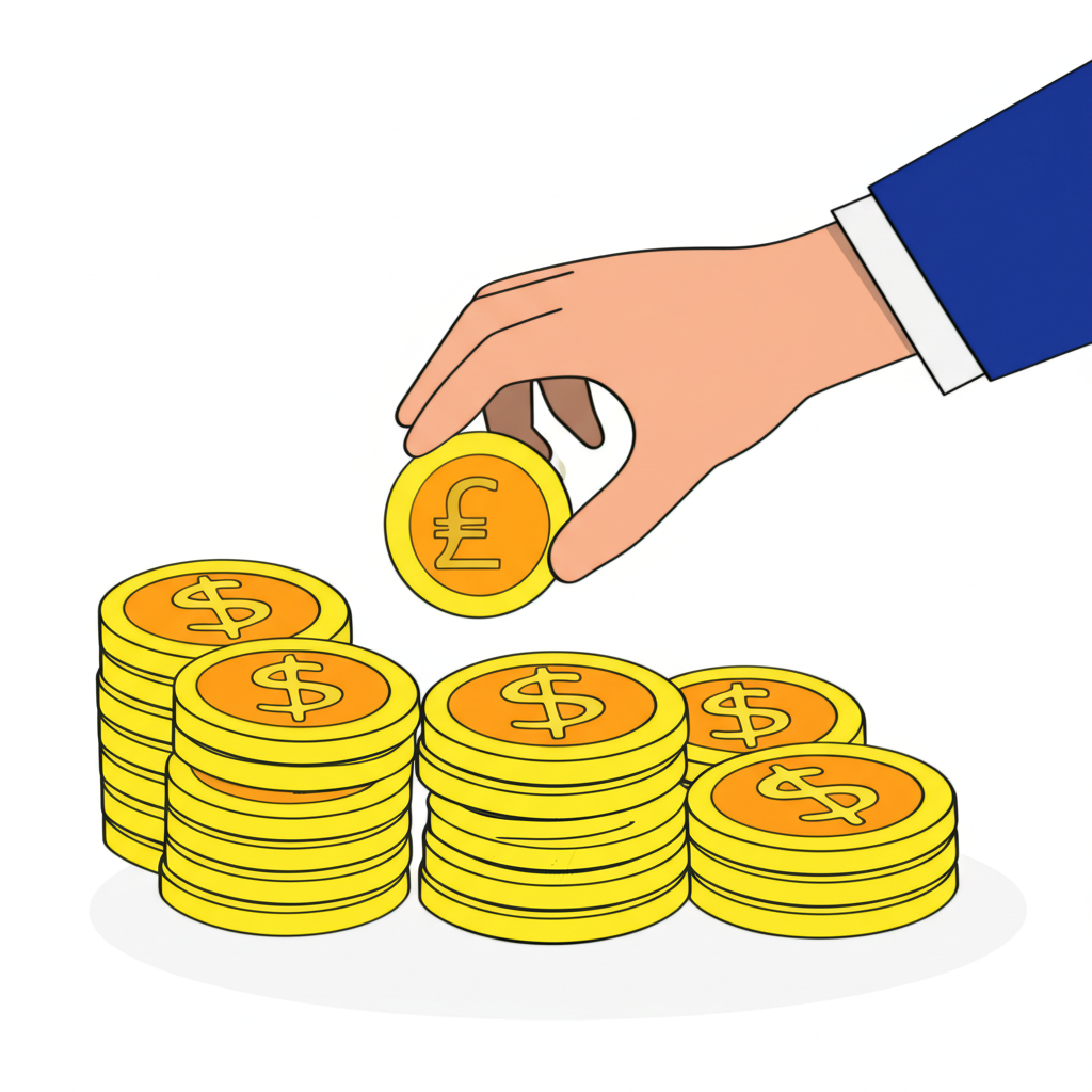 手持本國貨幣硬幣並從中數出外國貨幣硬幣的插圖,象徵一單位本國貨幣兌換多單位外國貨幣,傳達強勢穩定貨幣概念