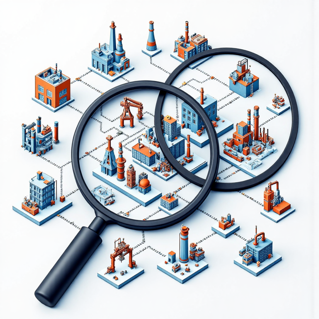 放大鏡下的工廠圖標和數據流，代表工業生產計算的像素藝術圖