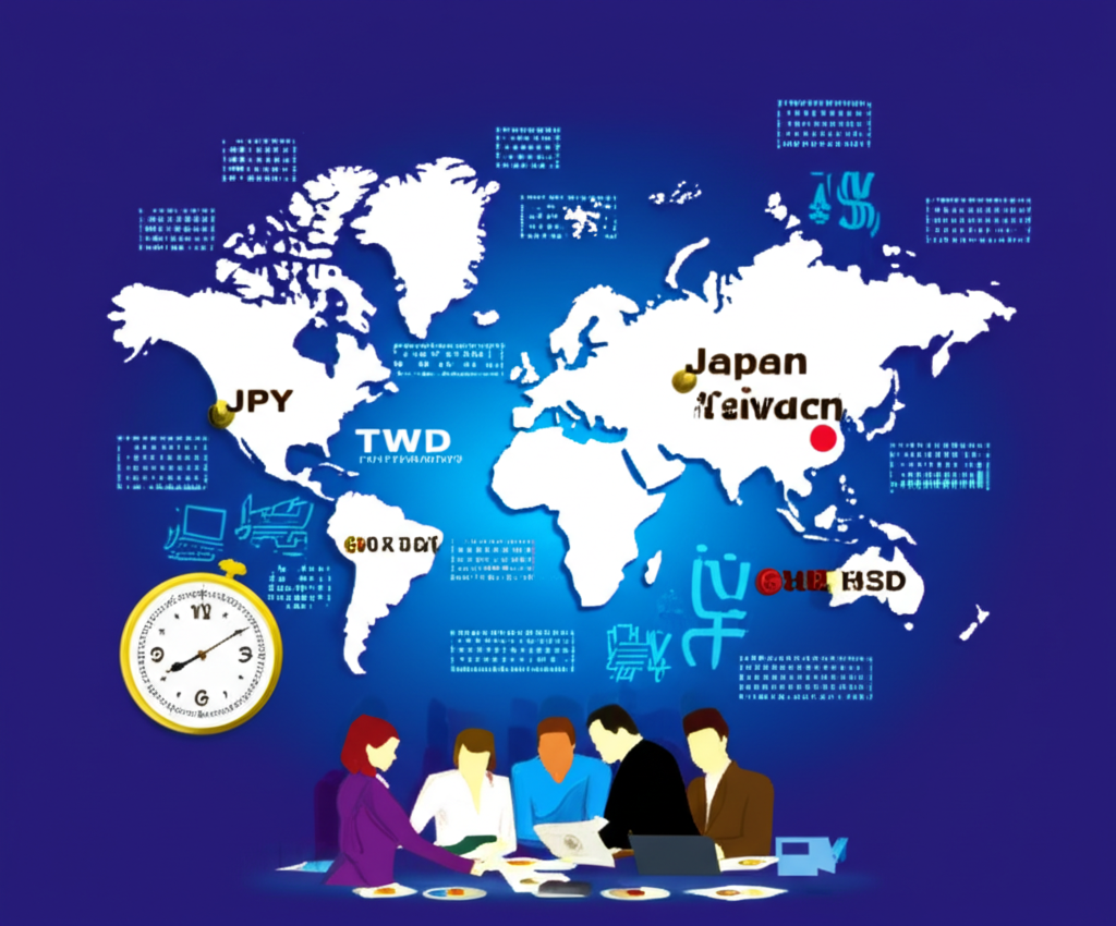 世界地圖突出日本台灣香港金融市場與日幣符號及時差時鐘，顯示投資者策略規劃