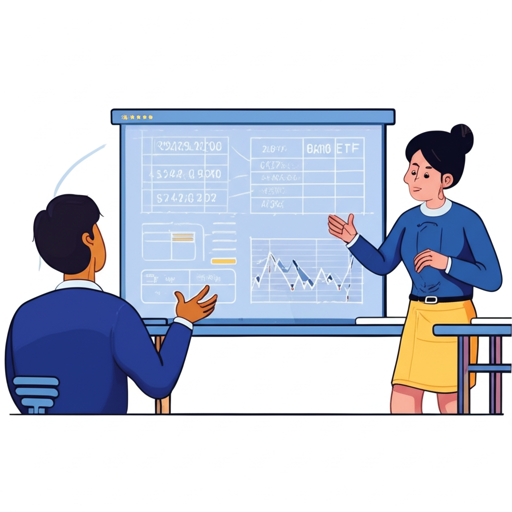 金融分析師向投資者解釋債券ETF殖利率概念的插圖,使用圖表和公式強調配息殖利率與到期殖利率的定義