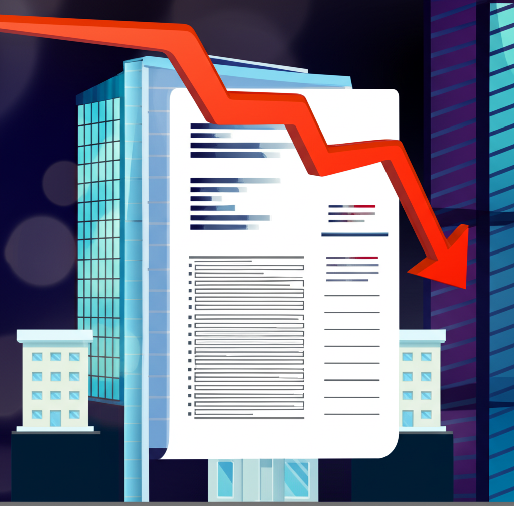 公司建築物與向下箭頭代表資產價值因經濟環境和產業趨勢而下降的插圖