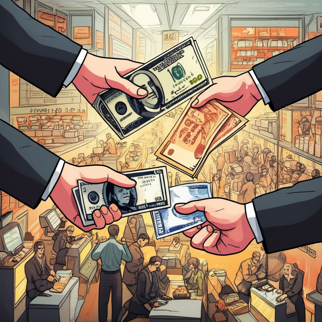 不同國家貨幣在廣闊市場中交換的插圖，象徵每日7.5兆美元交易量與高流動性，遠超股票與債券市場