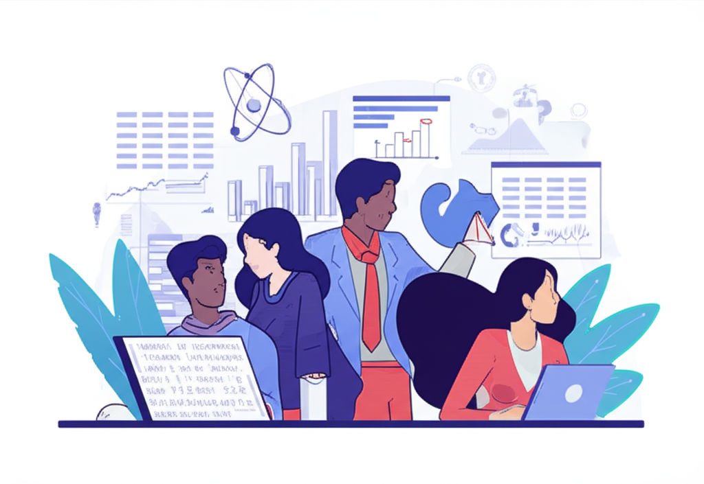 多元群體的志願外匯分析師在大學環境中學習金融、經濟、統計和電腦科學，有些用筆電分析數據，其他人討論概念，突顯學術基礎與技能多樣性