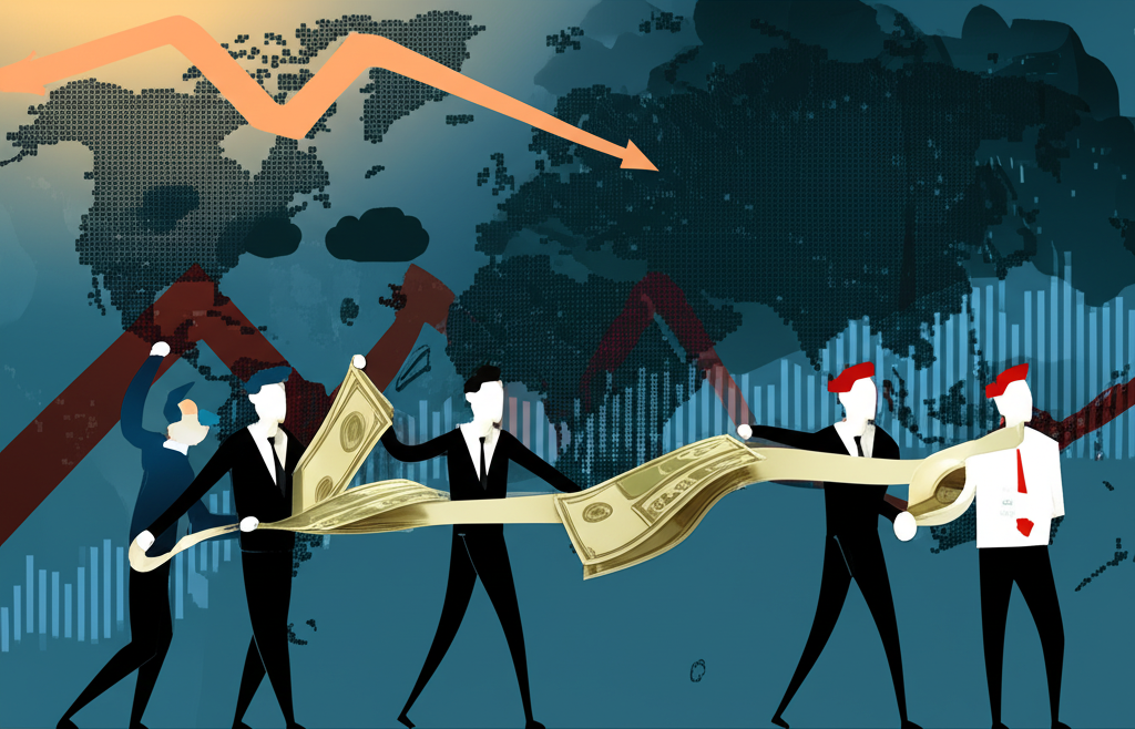 全球金融市場中投資者從高風險資產撤資轉向避險資產的插圖,背景顯示經濟不確定性和地緣政治動盪,反映投資者情緒的轉變