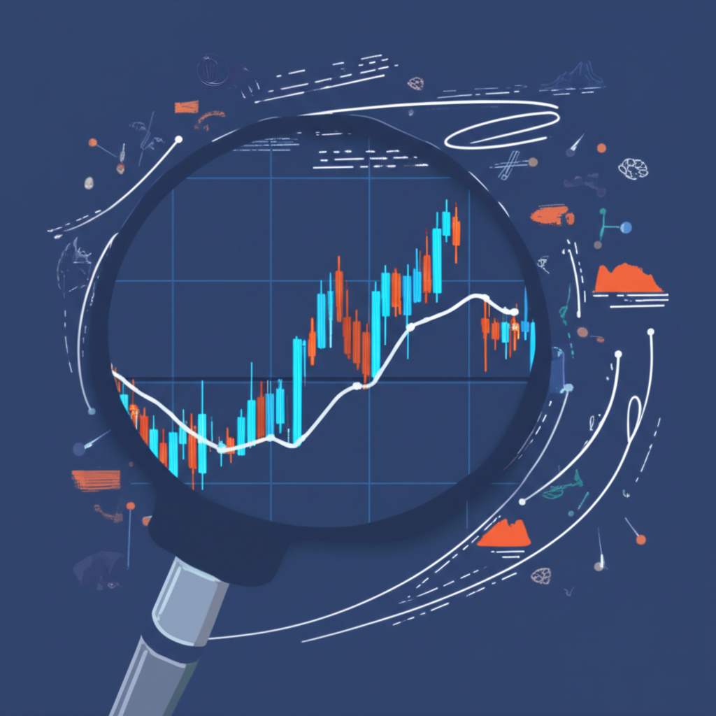 放大鏡檢視股票圖表，揭示市場波動與心理偏誤的隱藏陷阱