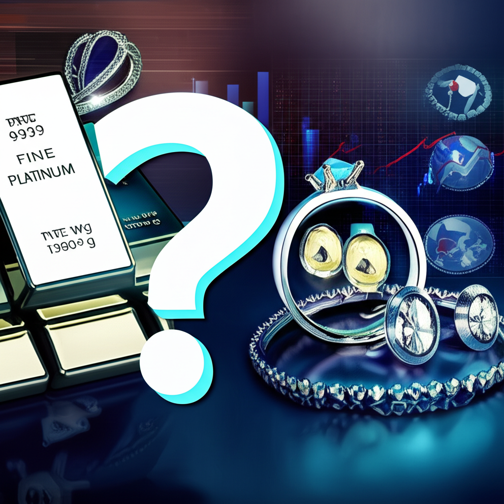 鉑金金條與珠寶搭配全球經濟指標，旁邊有價值疑問符