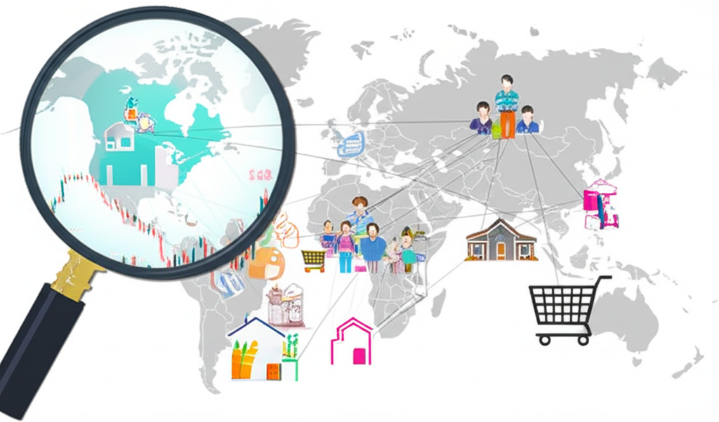 放大鏡檢視股票圖表，連結日常生活元素如房屋、購物車與人群，背景世界地圖顯示與台灣和香港的連繫